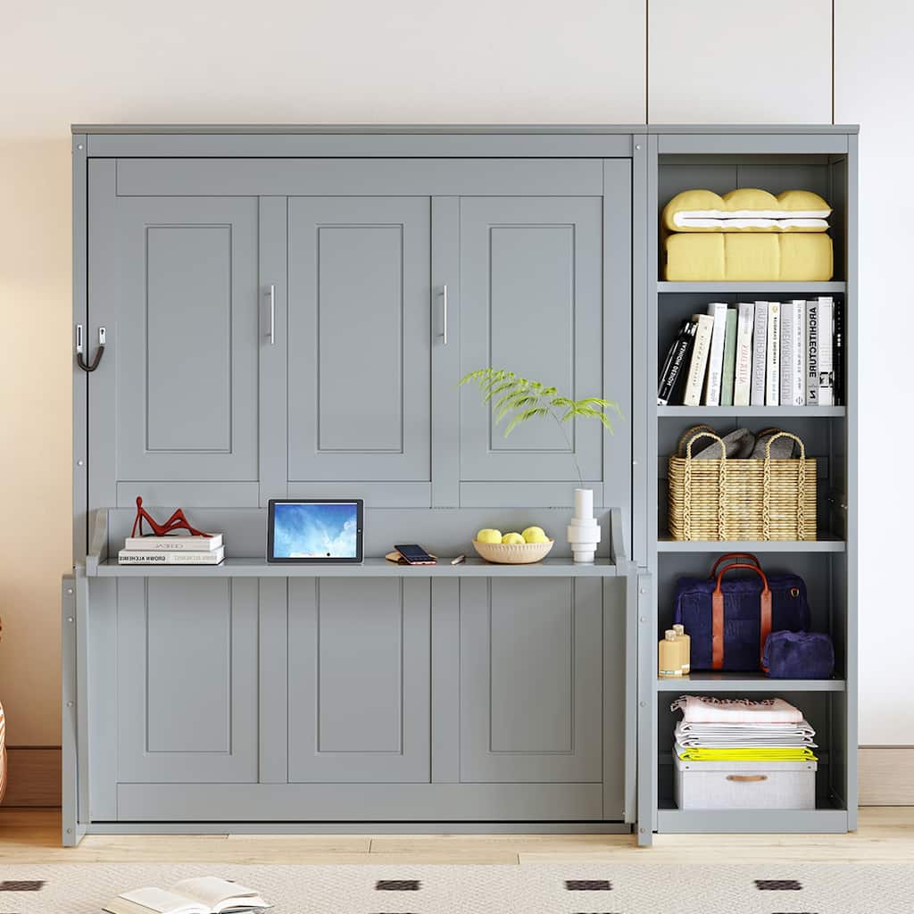 Space-Saving Full Size Murphy Bed with Built-in Desk and Bookshelves in Gray