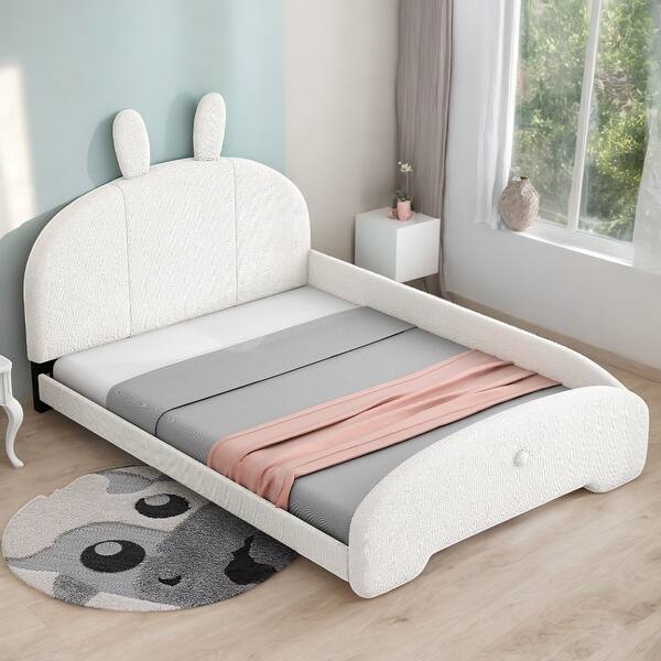 slide 2 of 12, Full Size Upholstered Platform Bed with Cartoon Ears Shaped Headboard, White