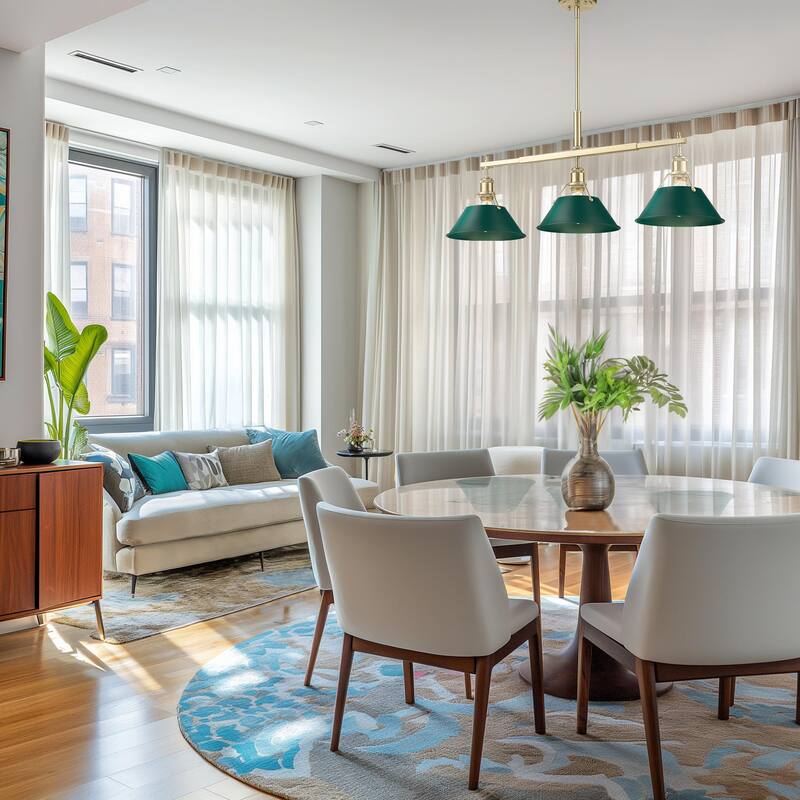 Yep by Golden Lighting Orwell 3-light Island Light in Brushed Champagne Brass and Pine Green shade - 3 Light Linear Pendant