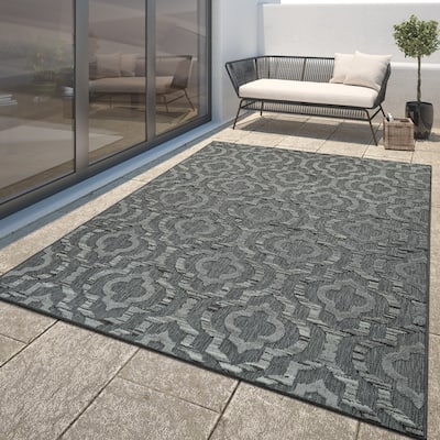 Dark Grey Outdoor Rug with Modern Moroccan Ornament Pattern for Patio