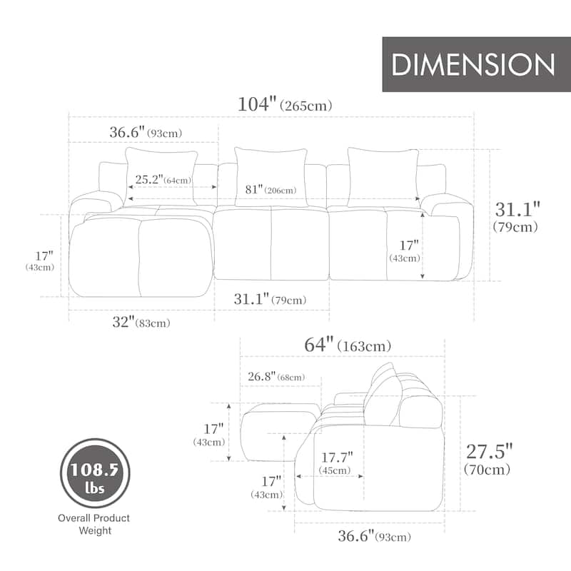 104.3" Modular L-Shaped Sectional Sofa, 4-Piece Oversized 3-Seater Cloud Couch with Ottoman, Tufted Deep Seat & 3 Pillows