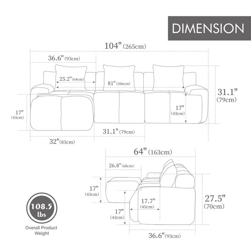 Modular L Shaped Sectional Sofa with Ottoman, Oversized Boneless Cloud Tufted Couch, Upholstered 3-Seater Sofa with 3 Pillows