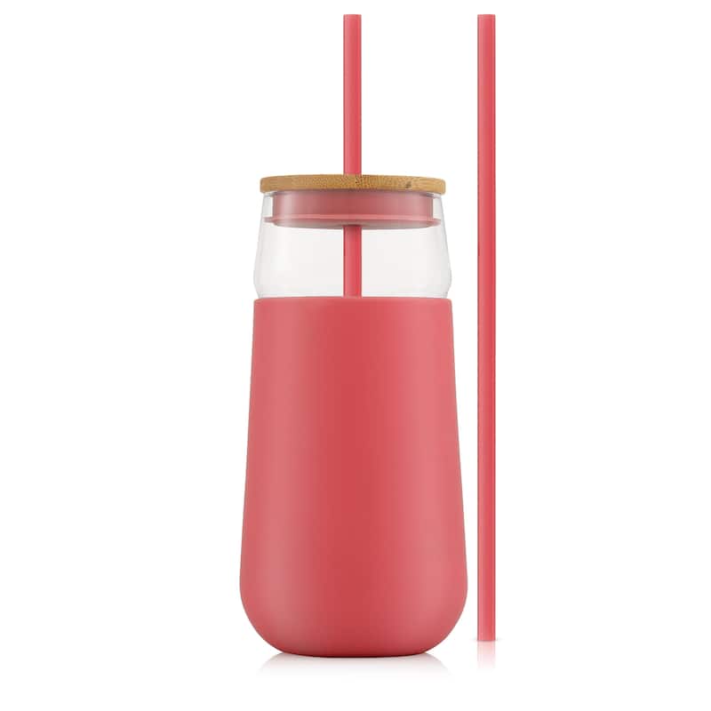 JoyJolt Glass Drinking Cup, Tumbler with Straw & Non Slip Silicone Sleeve - 20 oz - 20 oz