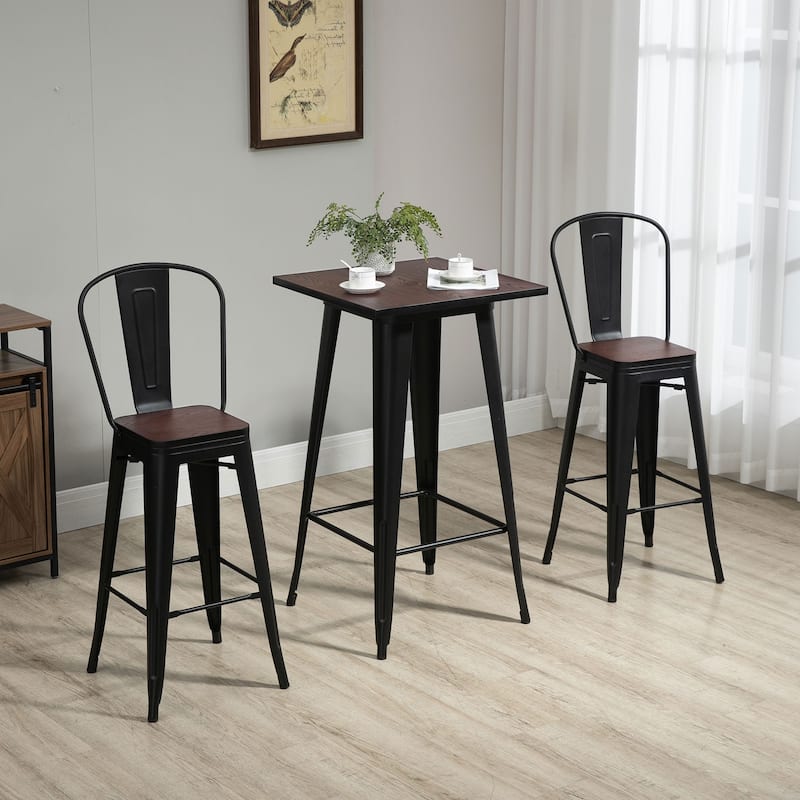 HOMCOM 3 Piece Bar Table Set with 1 Table, 2 High Back Chairs and Metal Frame with Footrests for Home
