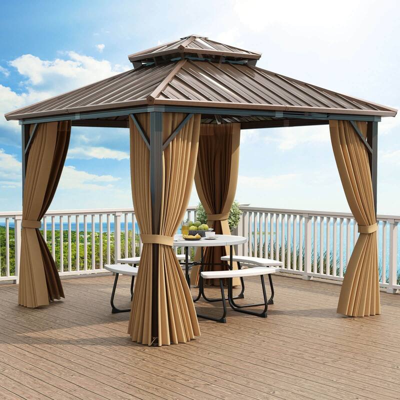 Costway 10 X 10 FT Hardtop Gazebo with Curtain Heavy-Duty Double-Roof