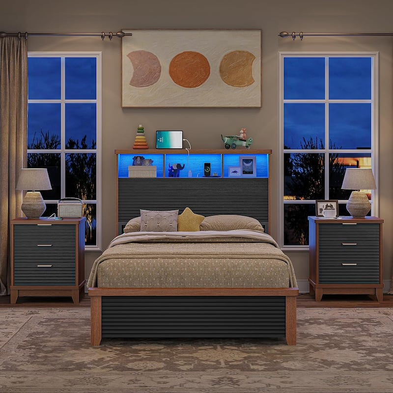 Night Stand Charging Station Drawers LED Nightstands Beside Table