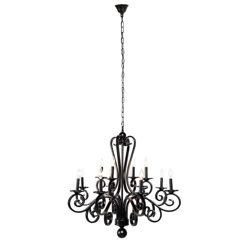 Metal Antique Style Holding 12 or 18 Light Chandelier with Scrolls - Black - Roche River Decor - 35"W, 35"H