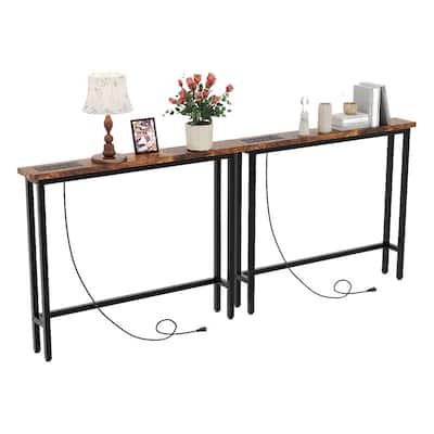 VINGLI Rust Brown 2-piece Set Melamine + Iron Hallway Table with Power Strip
