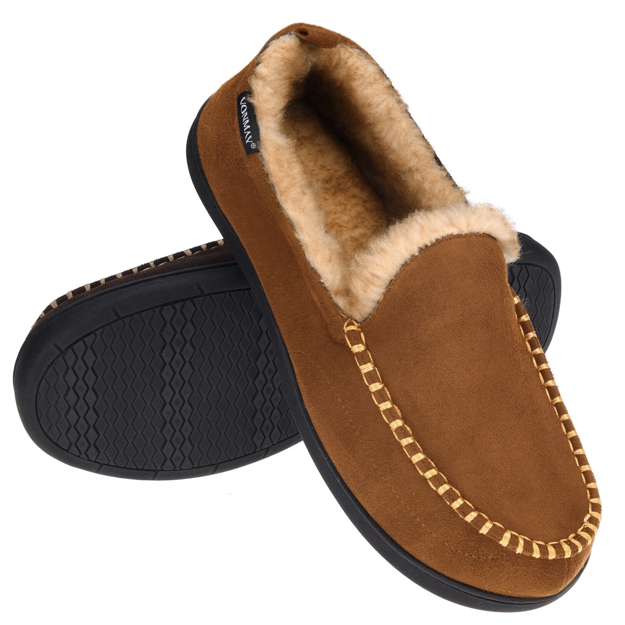 Vonmay Mens Moccasin Slippers Warm Faux Faux Memory Foam 