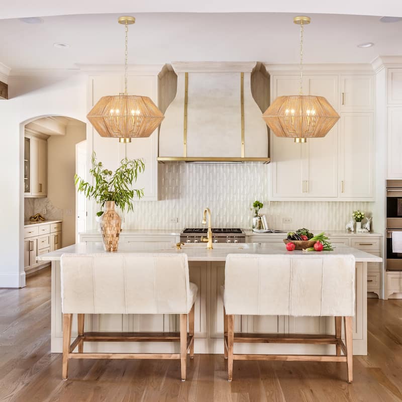 4-Light Dimmable Pendant Light, Paper Rattan Lampshade Candle Chandelier for Living Room with no bulbs included