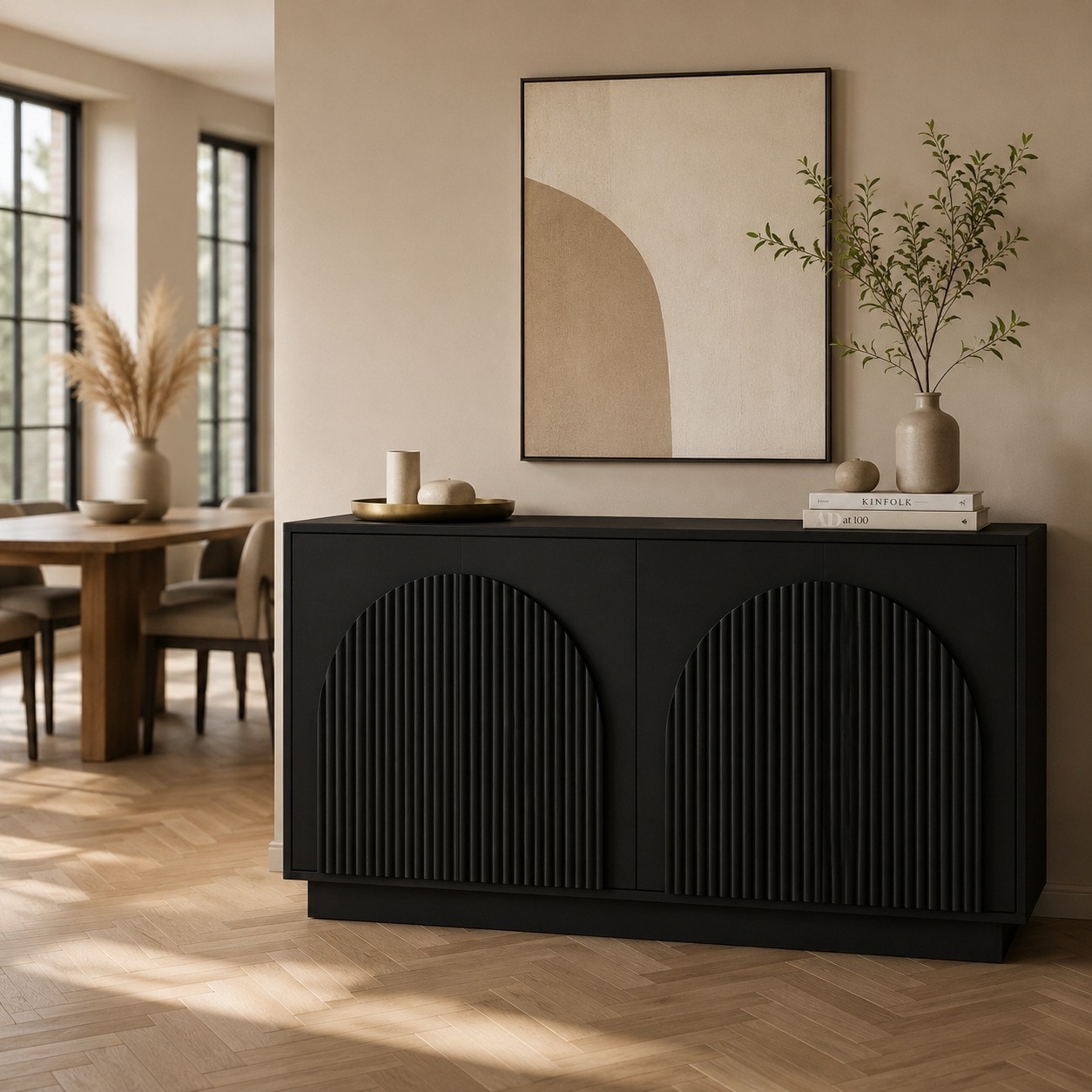 Modern Fluted Buffet Cabinet with Adjustable Shelves, Storage Credenza for Dining Room Entryway