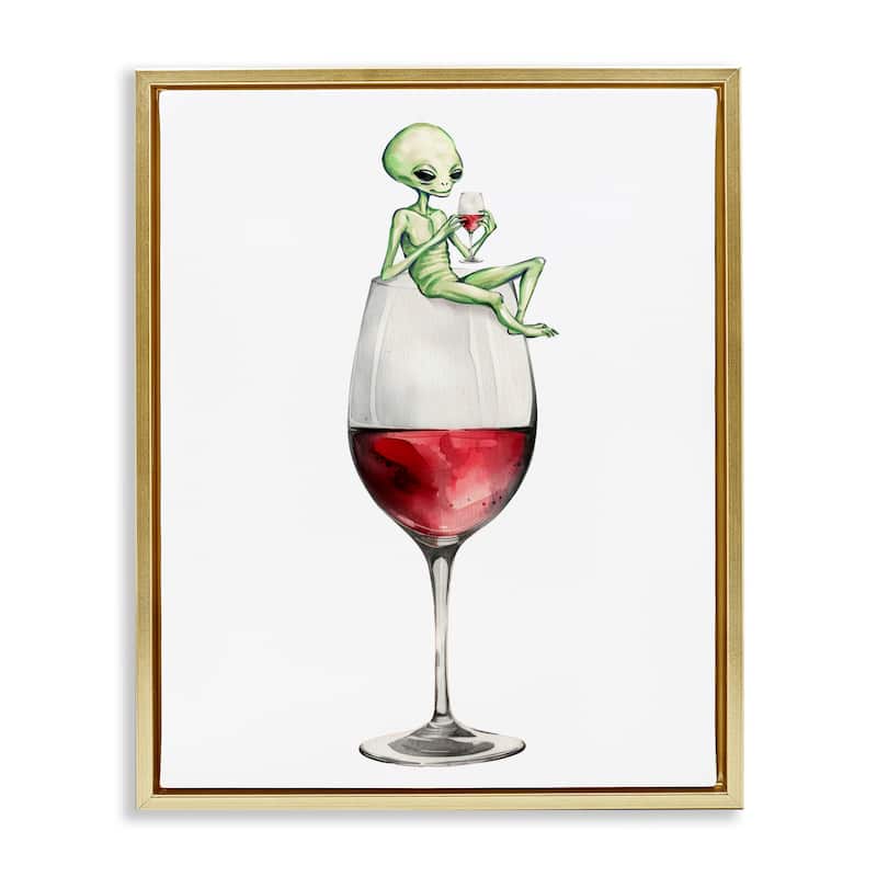 Stupell Alien Perched on Wine Glass Framed Floater Canvas Wall Art Design By Lil' Rue - 17 x 21 - Gold