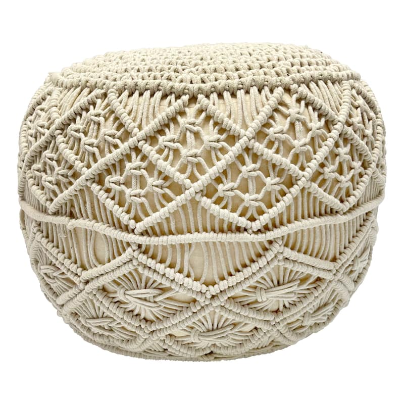 18" Solid Cream Macrame Round Handmade Natural Cotton Pouf