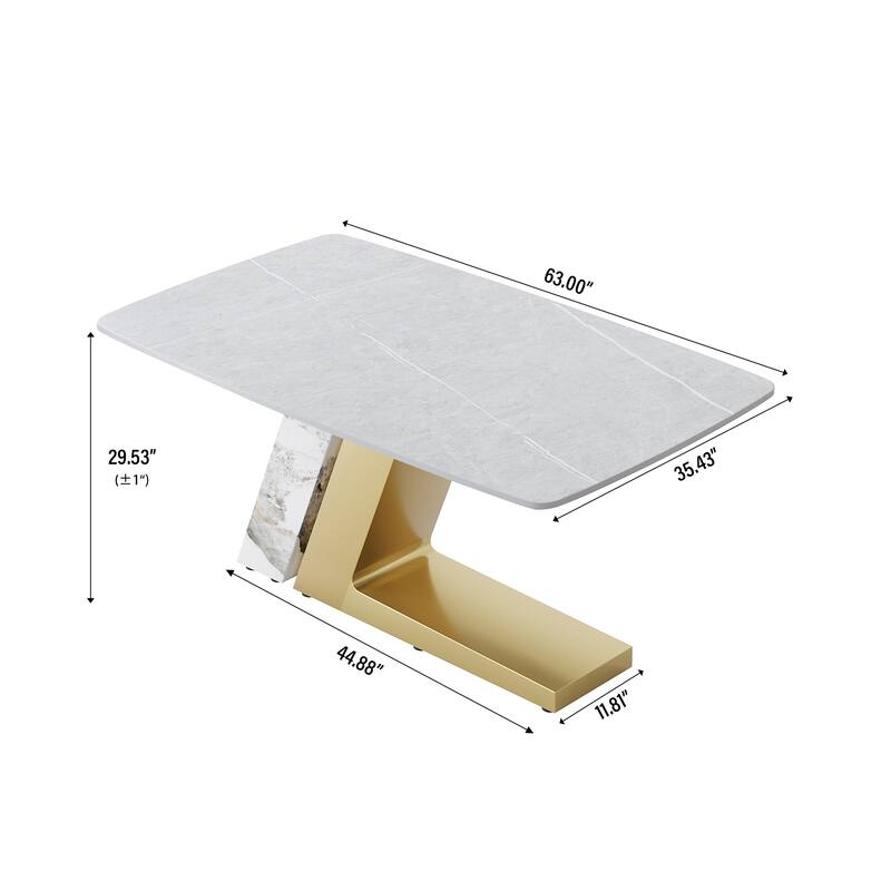 Rectangle Dining Table Faux Marble Tabletop Sintered Stone Panel with Stainless Steel Pedestal