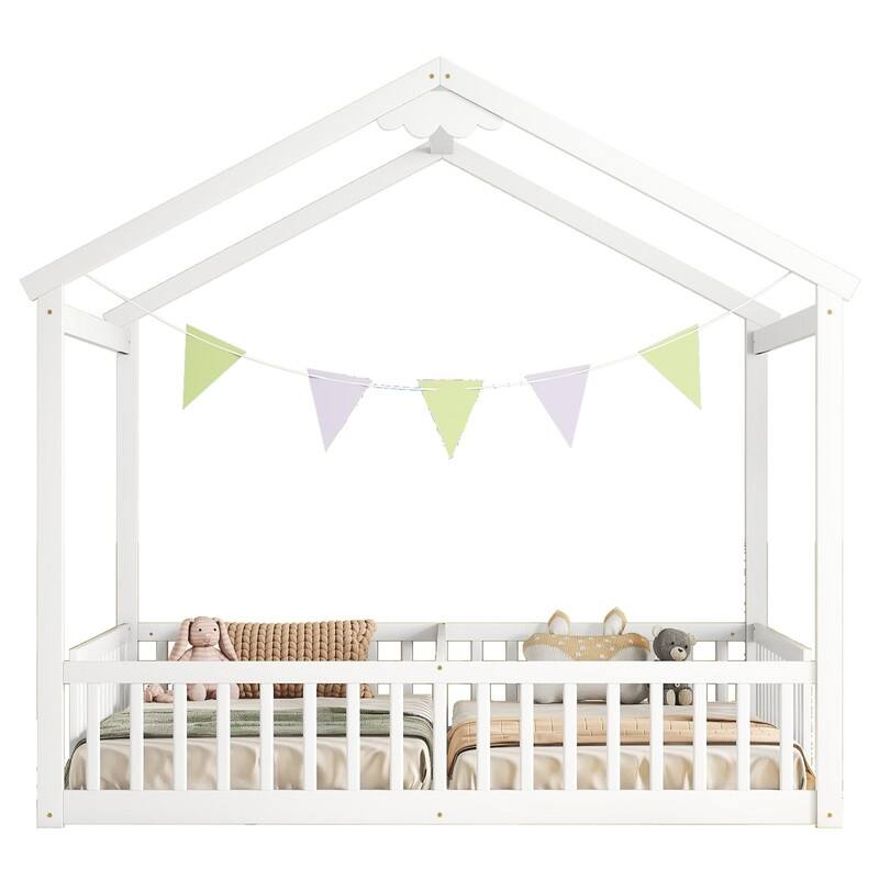 House-Style Double Twin Size Floor Bed with Fence, Guardrails, without Door