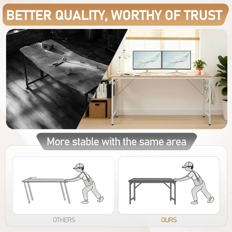 63” Computer Desk for Home Office ,Study Writing Desk with Storage, Side Hooks & Adjustable Feet