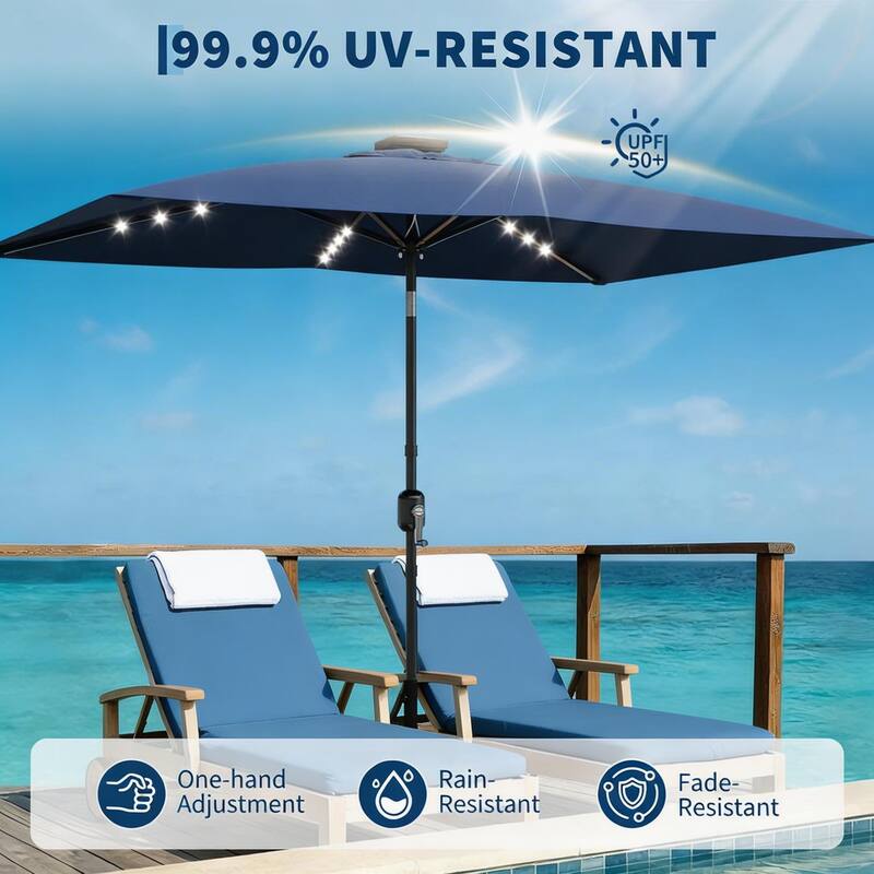 10 x 6.5 ft Solar Rectangular Patio Umbrella, with LED Lights