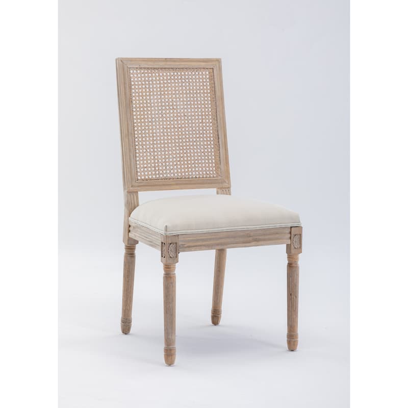 French Style Solid Wood Frame Linen Fabric Antique Painting Rattan Back Dining Chair ,Seat of 2,Cream