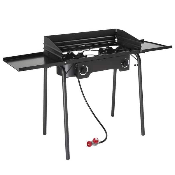 2 Burner Outdoor Propane Camping Stove - 150,000 BTU With Windscreen, Side Table & Cover, 20PSI Regulator