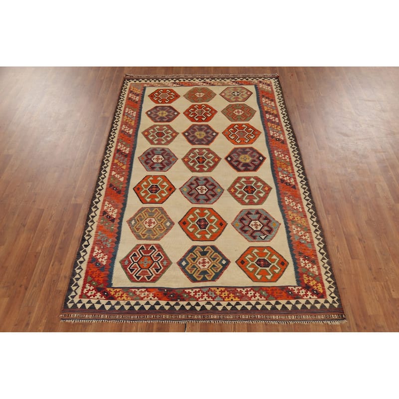 Kilim Qashqai Persian Vintage Rug Orientak Beige Wool Carpet - 5'1"x 8'3"