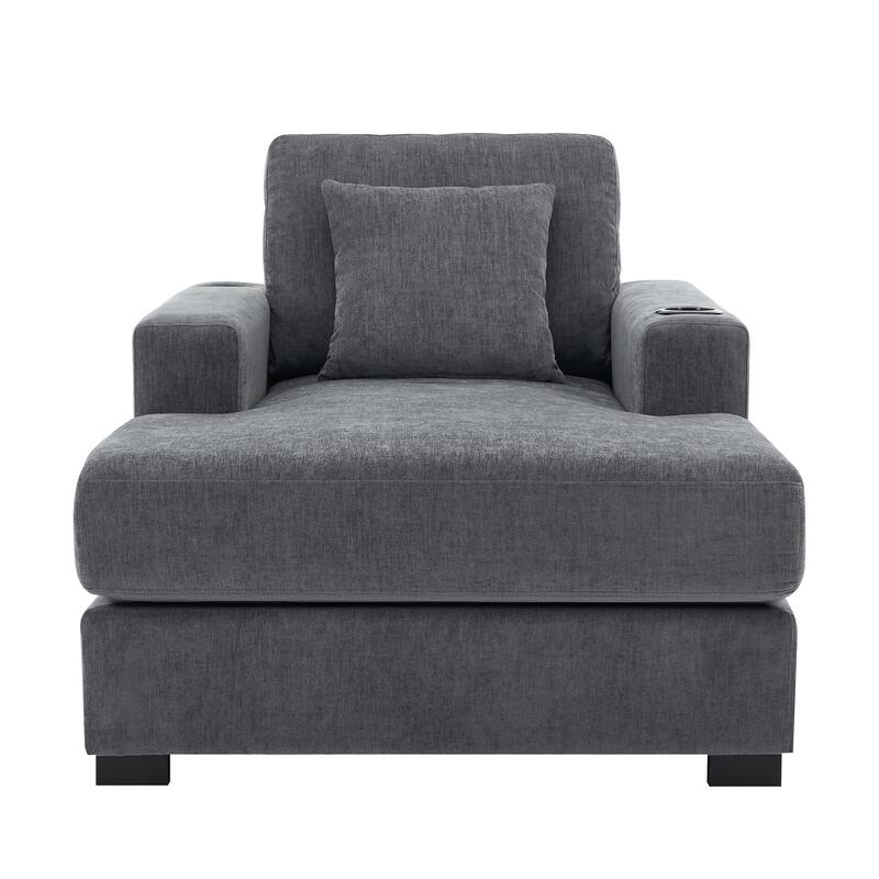 Oversized Chaise Lounger Modern Sofa Couch with Pillows, Charge Station & Cup Holders