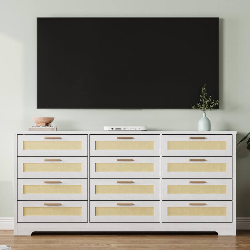 12 Drawer Dresser for Bedroom, Modern Farmhouse Rattan Chest of Drawers with Handles, Wood Dresser for Closet