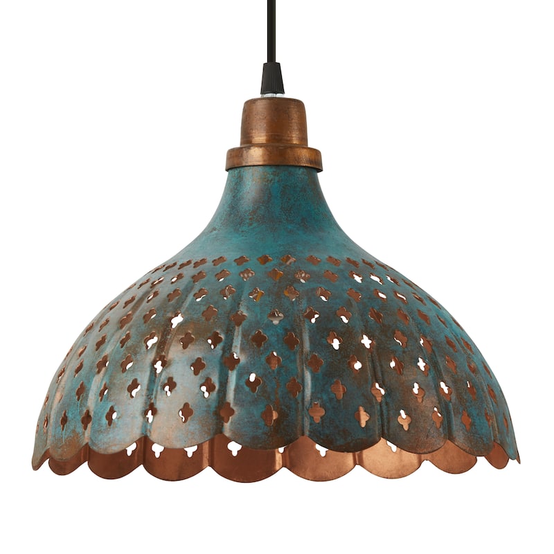 Odetta River of Goods Faux Blue Patina Metal Adjustable Drop Height 12-Inch Hanging Pendant Light with Punched Holes