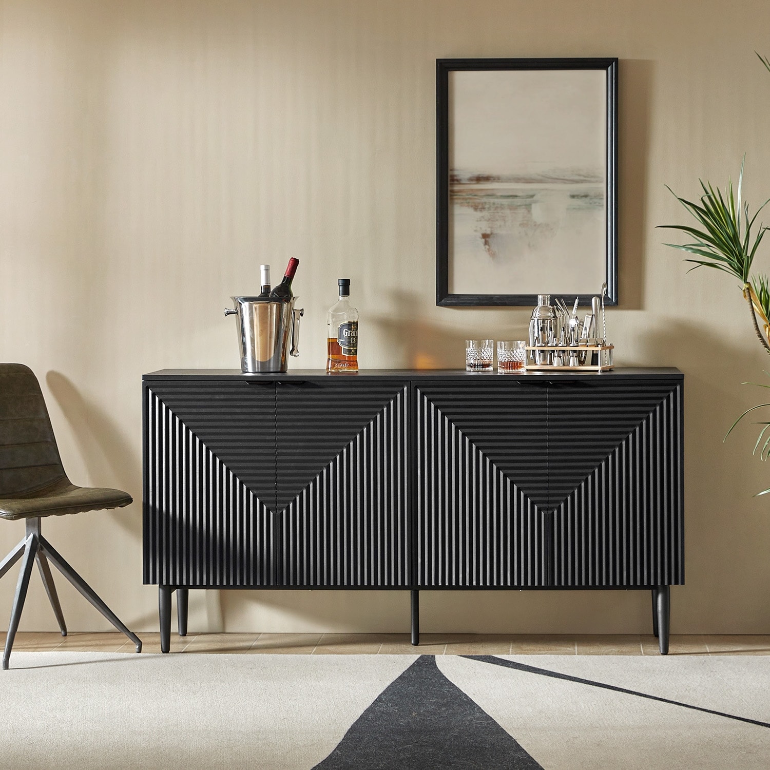 HULALA HOME Burkart Modern 63"Wide 4-Door Sideboard with Wine Rack and Metal Leg