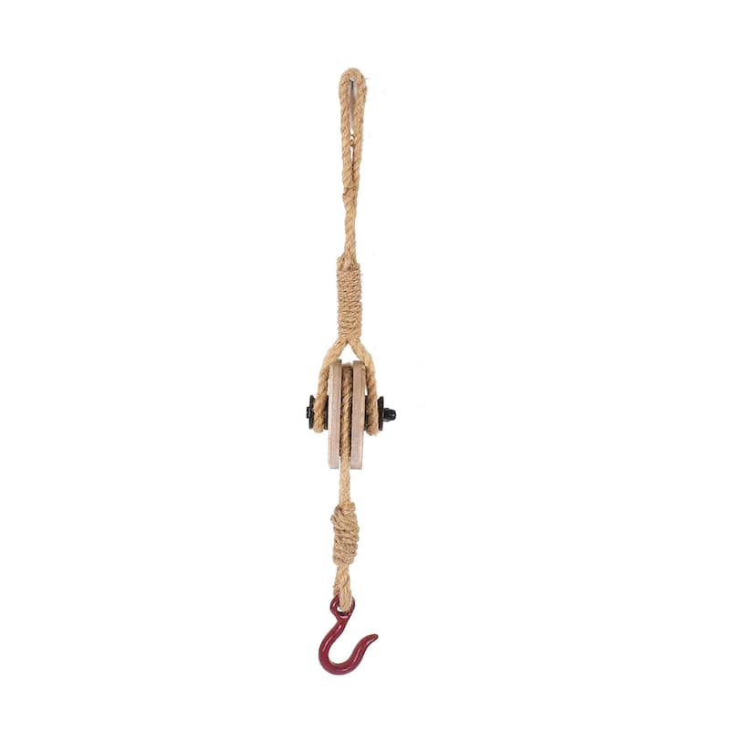 Industrial Decorative Iron Faux Pulley Tackle with Jute Rope and Hook - Red