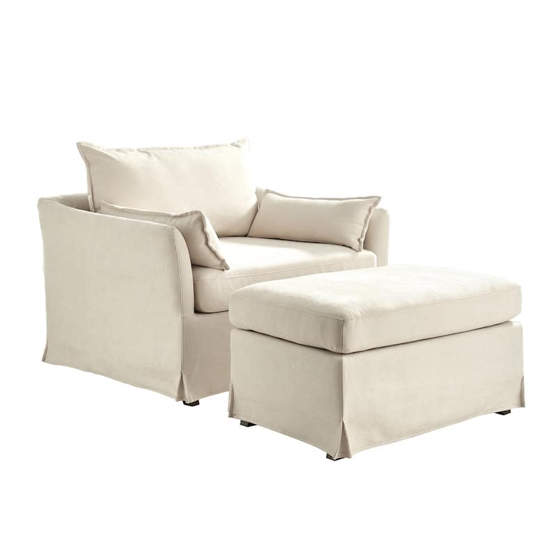 Sophie Modern Oversized Slipcovered Armchair and Ottoman with Lockable Rear Wheels by HULALA HOME