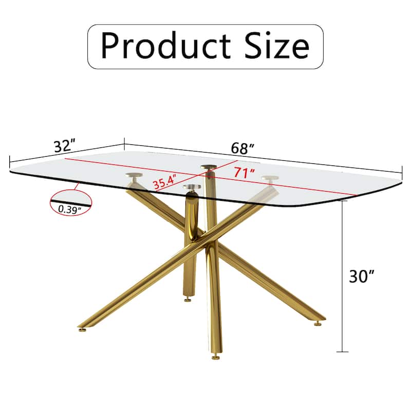 Large Modern Minimalist Rectangular Glass Dining Table with 0.39" Tempered Glass Top and Gilded Metal Legs for Kitchen - Golden
