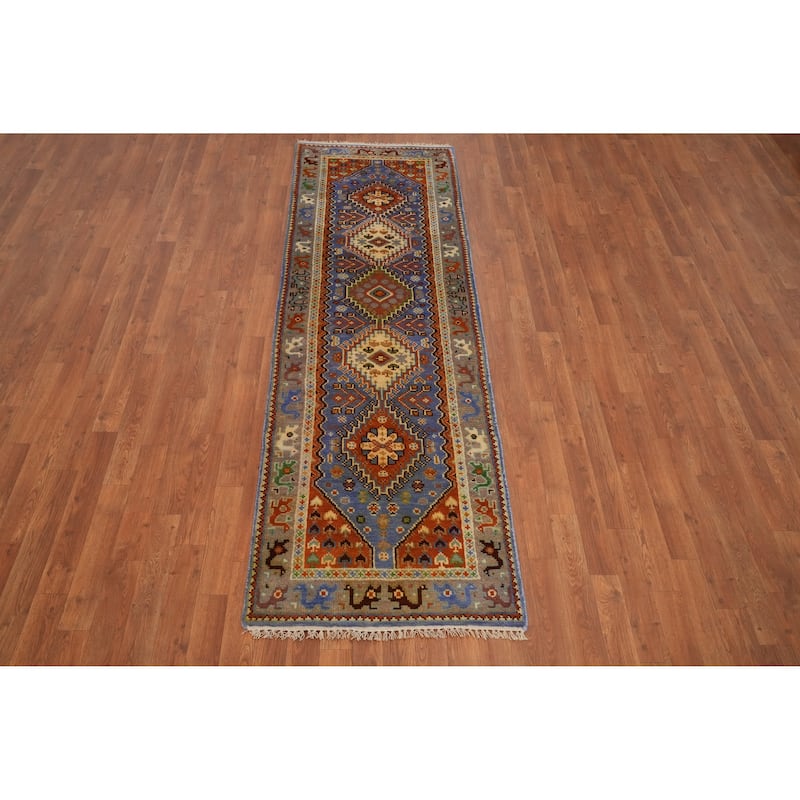 Hand-knotted Traditional Wool Blue Geometric Area Rug Oriental Carpet - 8' 1'' X 2' 7''