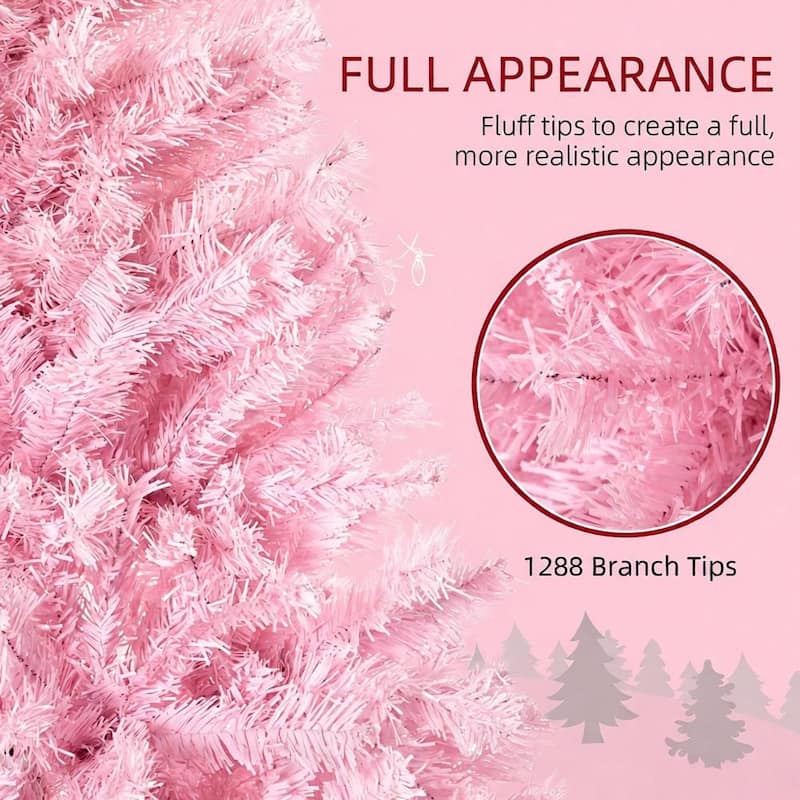 Pink Artificial Christmas Tree - Auto Open, Steel Base, Wide Shape, Indoor Decor