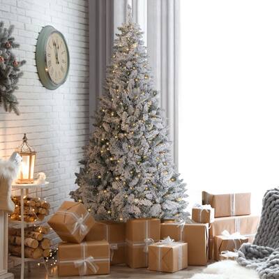 VEIKOUS 6.5FT/7.5FT Pre-lit Christmas Tree Snow Flocked/Artificial with Lights and Metal Stand