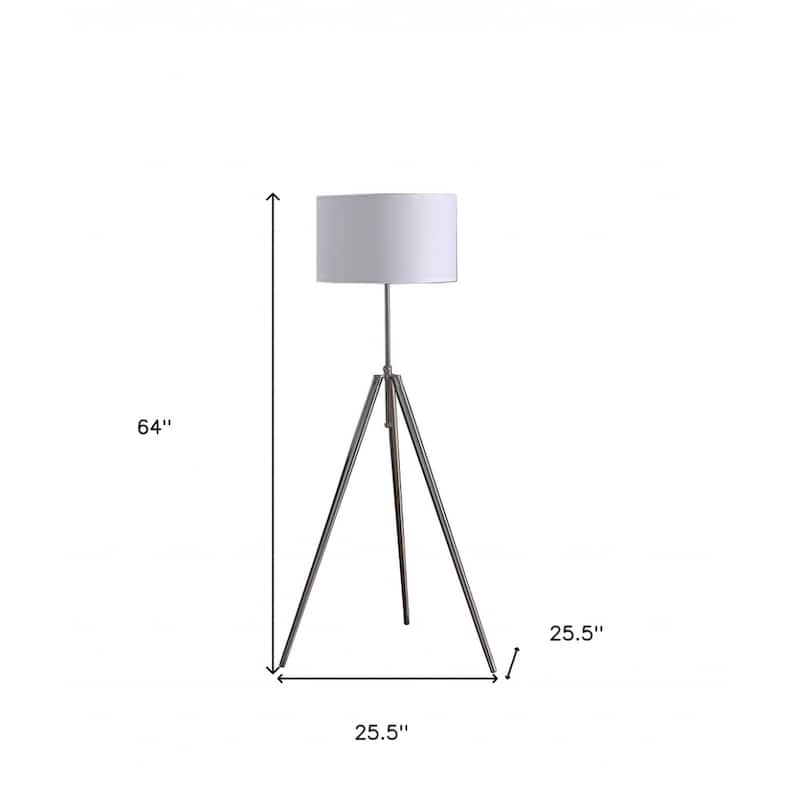 Silver Metal Adjustable Tripod Floor Lamp with White Fabric Shade In-Line Switch and Outlet - 25.5” x 25.5” x 64” (D x W x H)