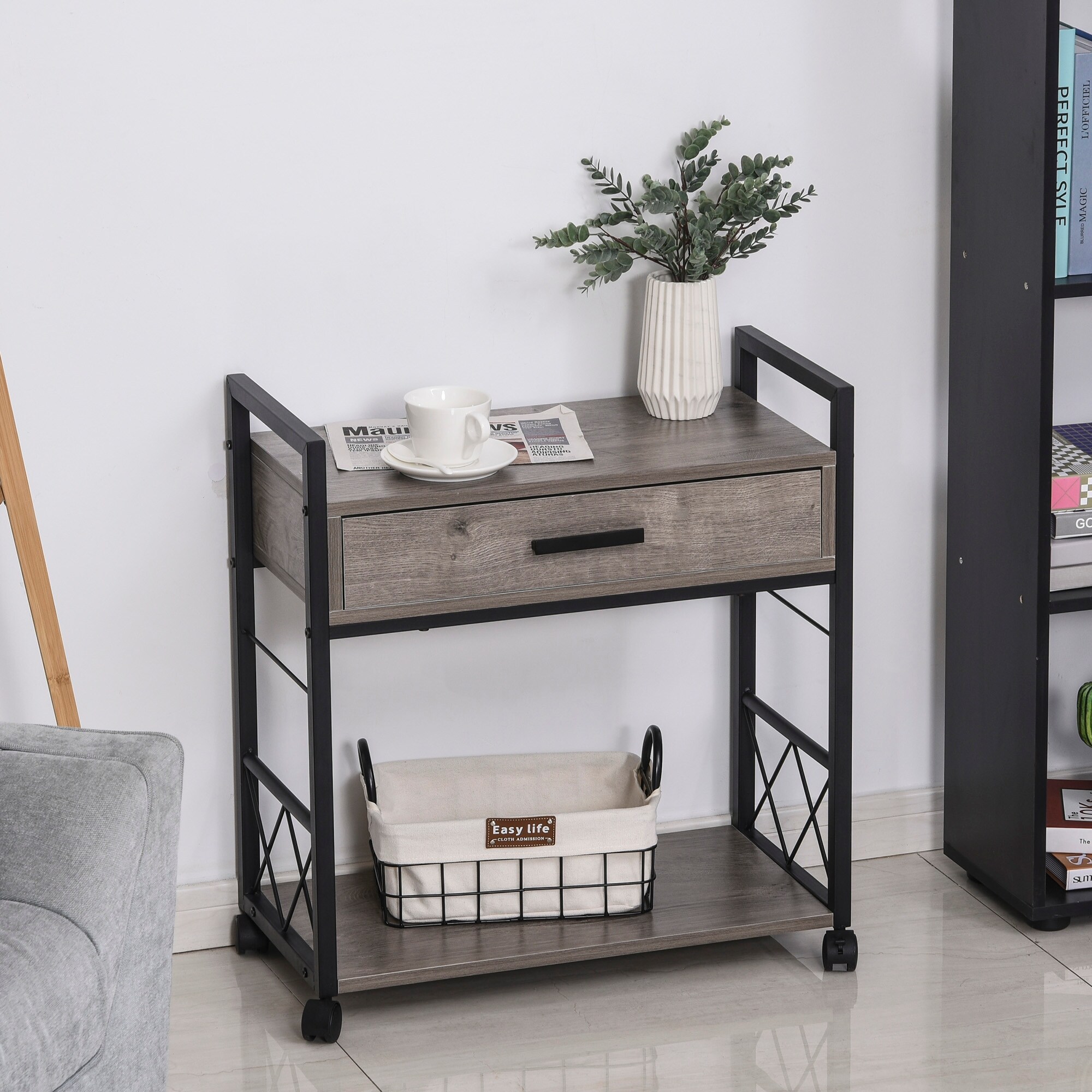 HOMCOM Industrial Style Side Table with 1 Drawer Shelf Wheels Wooden Bedside Table Night Stand Home Furniture Grey
