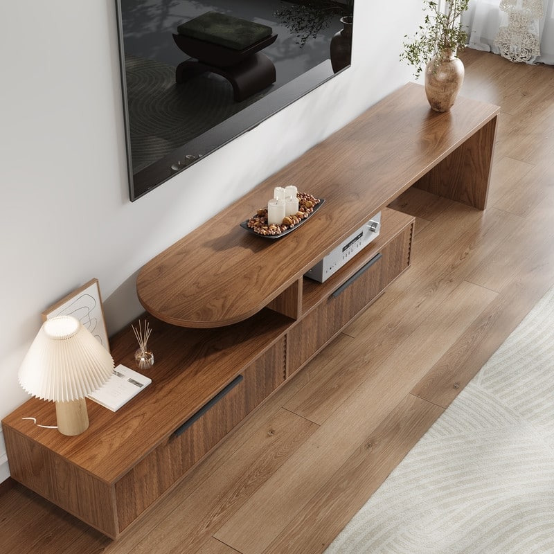 71" Mid-Century Walnut Finish TV Stand - Slatted Drawers, Open Shelves, 2-Tier Media Console