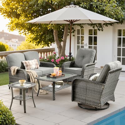 HOOOWOOO 5-piece Rattan Wicker Outdoor Furniture Patio Conversation Set with Swivel Chair