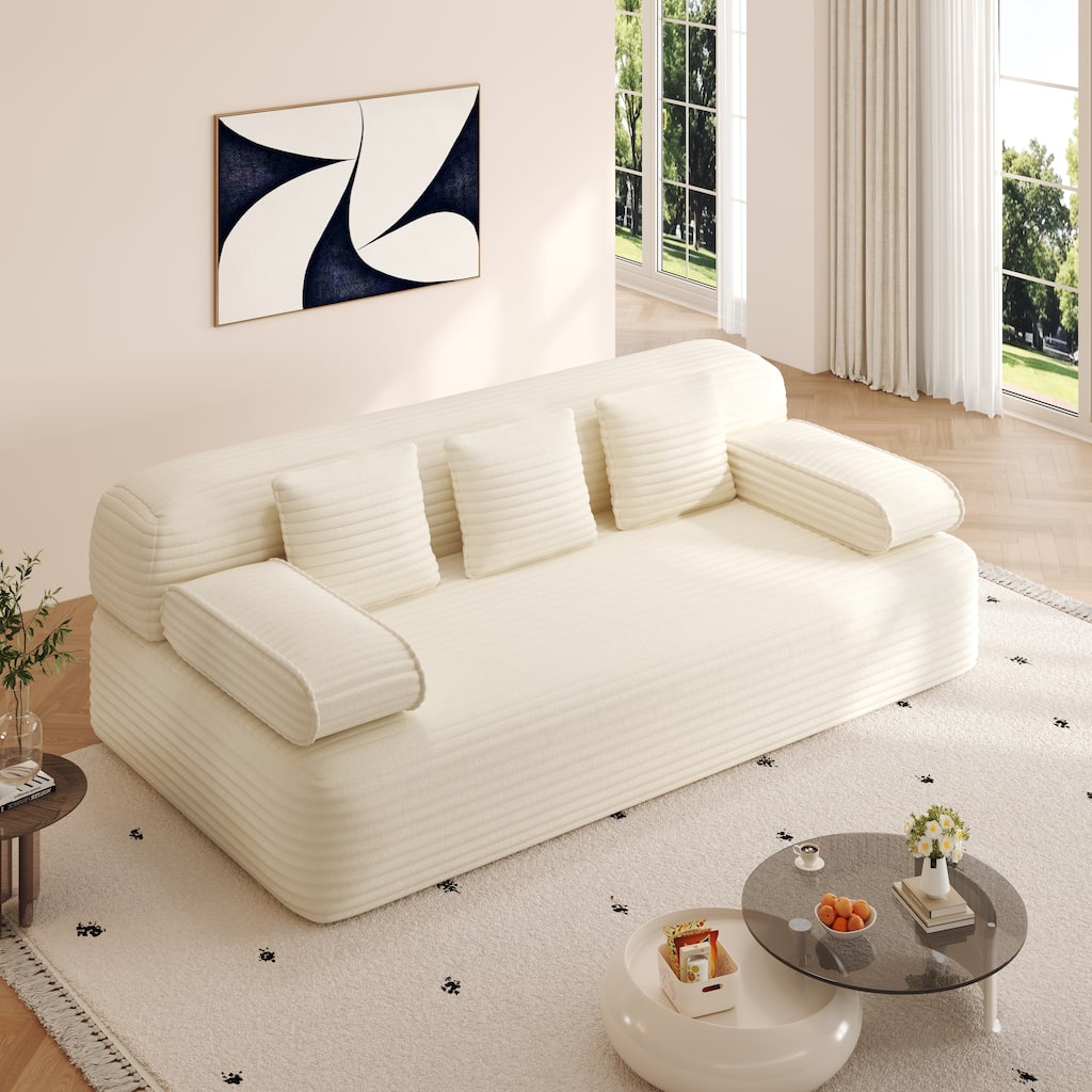 GDFStudio - 78.7" Frameless Corduroy Upholstered 2-in-1 Convertible 3-Seater Sofa Bed with High-Density Foam Backrest & Pillows