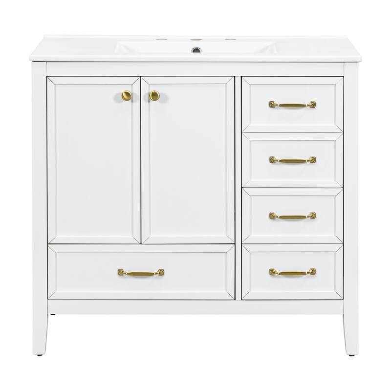 36" Bathroom Vanity with Sink, Bathroom Cabinet with Soft-Closing Door, 4 Drawers of Different Sizes, Solid Wood Frame and Leg