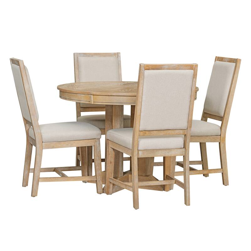 Farmhouse 5-Piece Dining Set with Extendable Round Table and 4 Upholstered Chairs for Kitchen or Dining Room