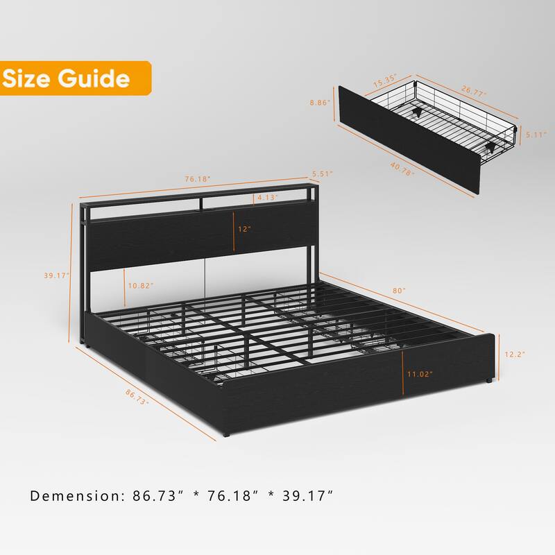 King Bed Frame with Storage Headboard, Charging Station, LED Lights, Easy Assembly