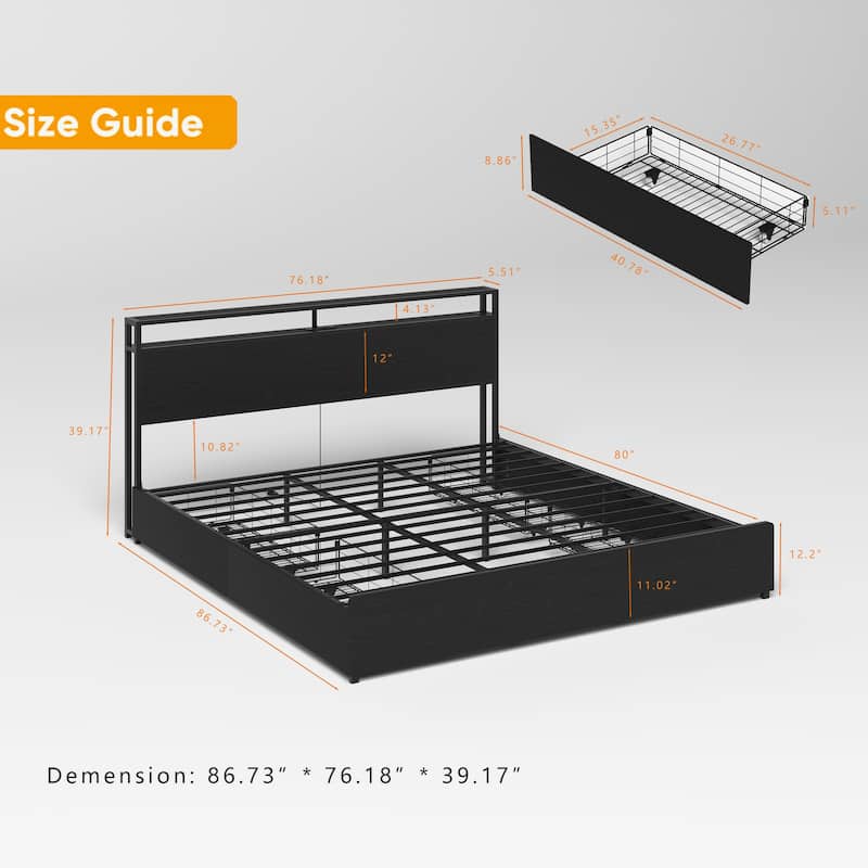 King Size Practical Storage Bed with 4 Drawers, Heavy Duty Metal Platform Bed Frame, LED Storage Headboard with Charging Station