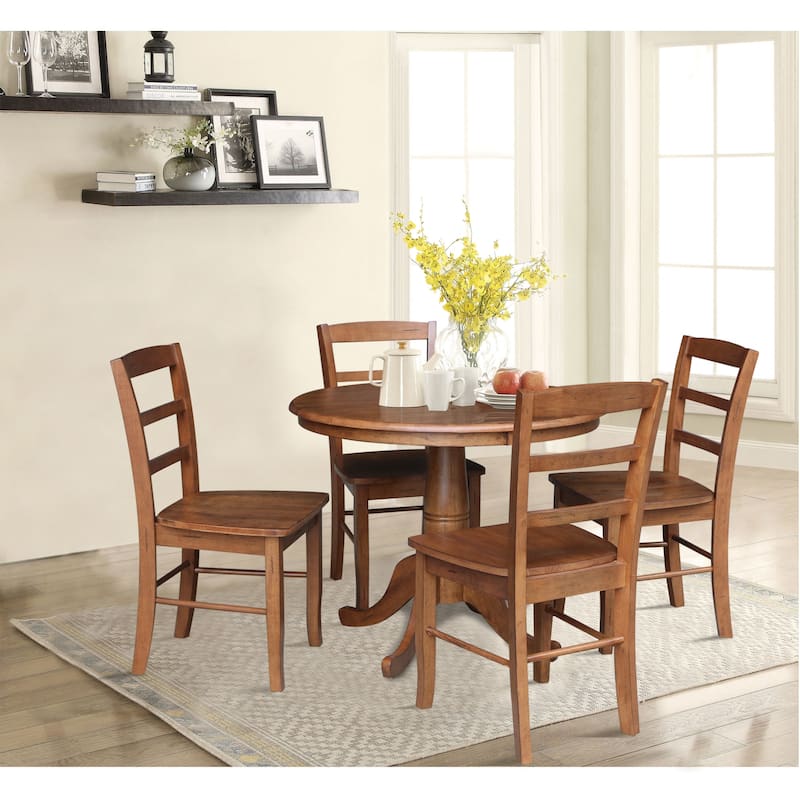 International Concepts Solid Wood 36" Round Pedestal Dining Table with 4 Madrid Ladderback Chairs