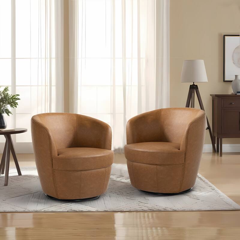 2 Set Faux Leather Club Swivel Barrel Accent Chair