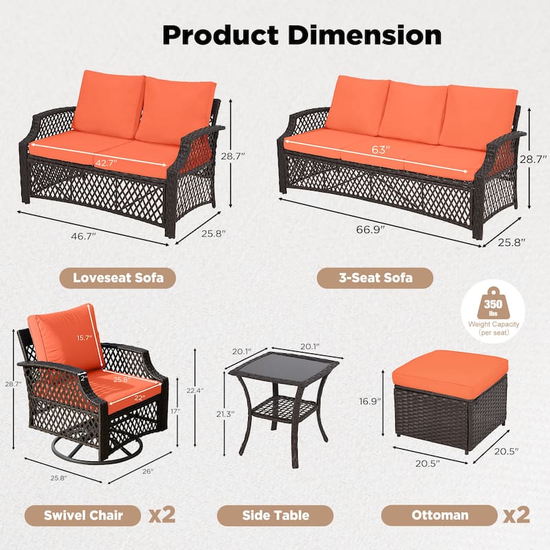 Outdoor Wicker Patio Set w Swivel Chairs & Sofa, Ottomans and Tables, Modular 3/5/6/7-Piece, All-Weather Conversation Set.