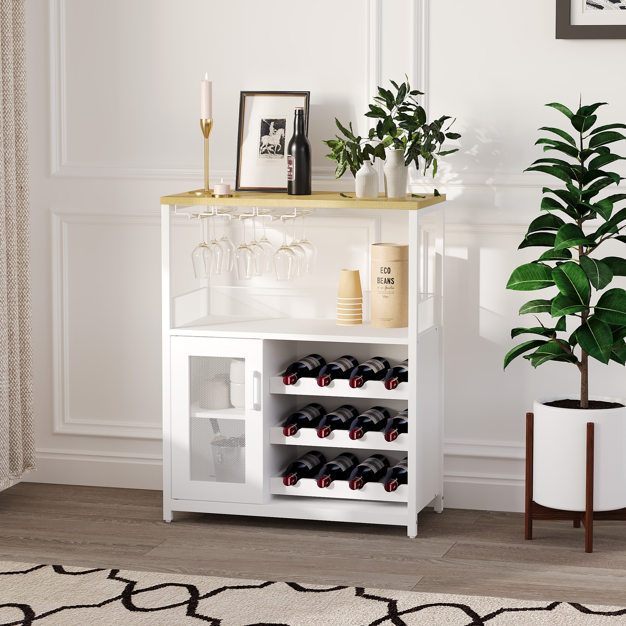 3-Tier Wine Bar Cabinet with Wine Rack, Liquor Cabinet with Storage, Coffee Bar Cabinet with Glass Holder & Mesh Door