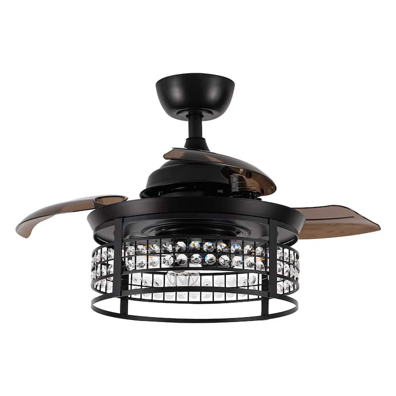 36-inch Modern 3-Blade Matte Black Retractable Crystal Caged Ceiling Fan with Remote and Light Kit - 35.83-in D x 17.6-in H