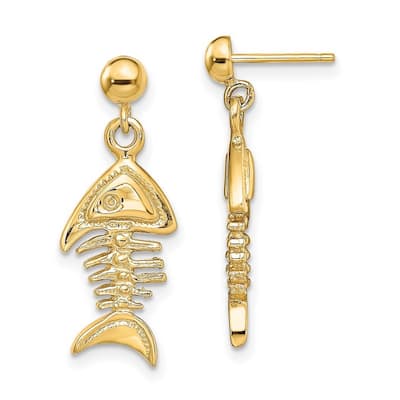 Curata 14k Yellow Gold 24.2x9.5mm 3D Fishbone Dangle Earrings