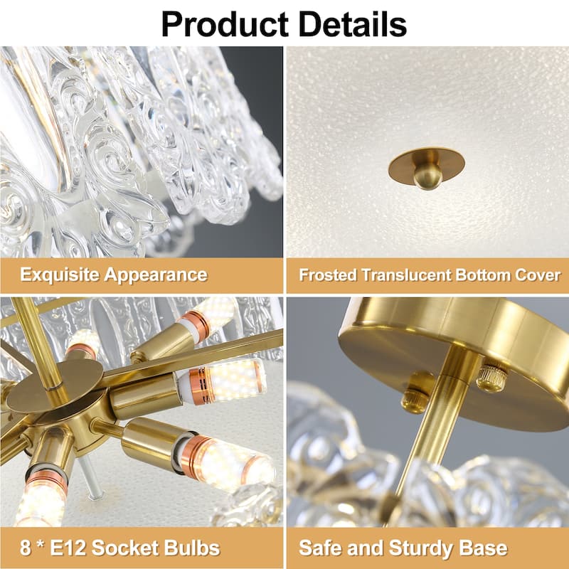 Brass Modern Crystal Semi Flush Mount Ceiling Light for Living Room, Bulbs Included